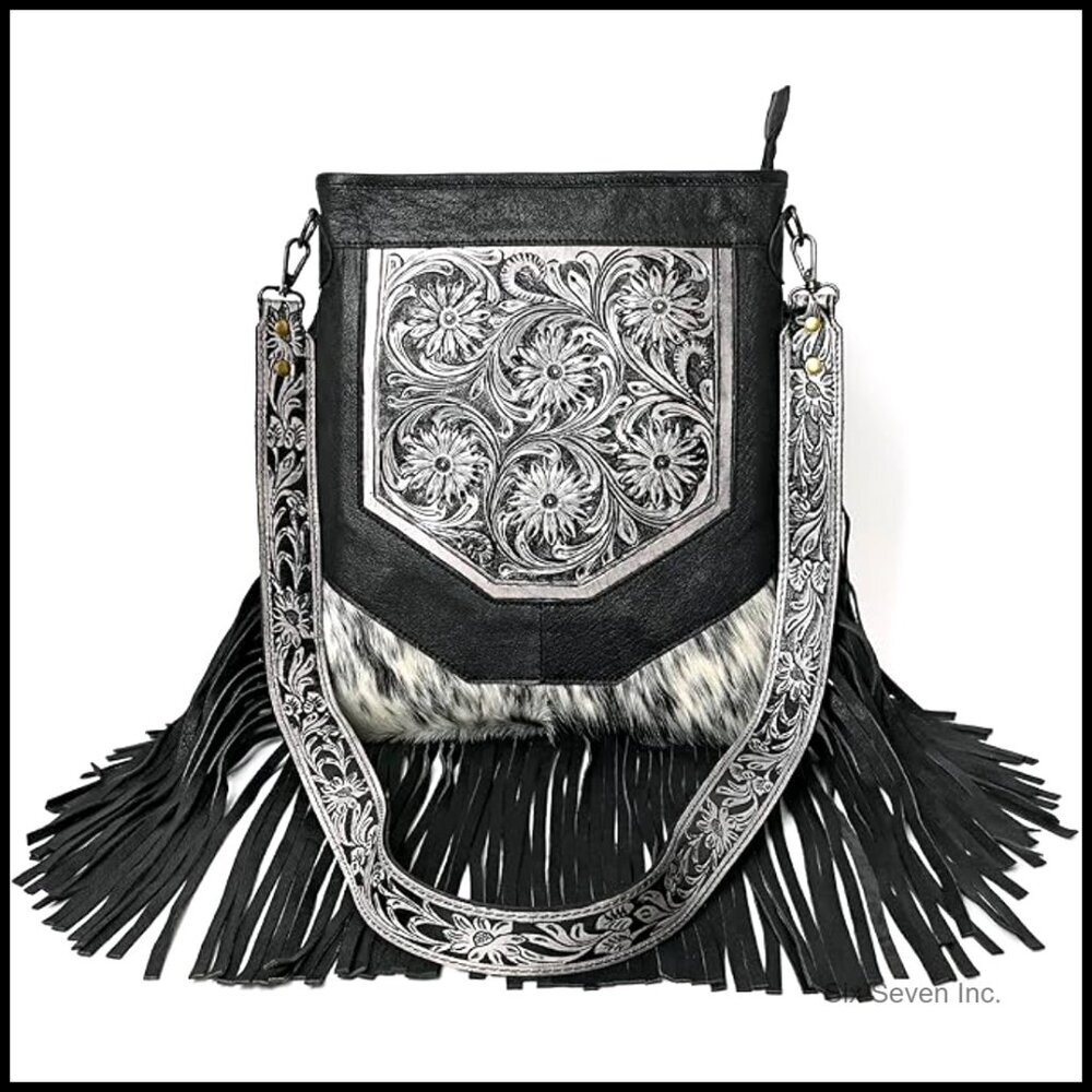 Hand-Carved Fringed Shoulder Bag Natural Cowhide Crossbody Bag - Picture 1 of 6